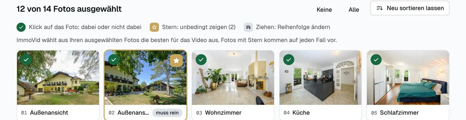 Die Fotoauswahl in ImmoVid mit benannten Räumen